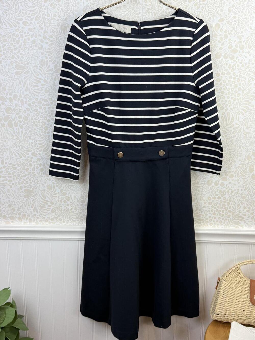 Hobbs London Navy & White Striped Boat Caris Ponte 3/4 Sleeve Dress - Size - 6 - Picture 9 of 9